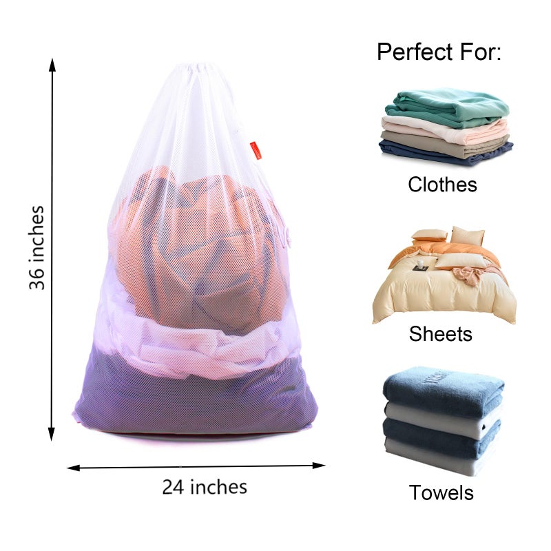 DuomiW 2 Pack Mesh Laundry Bags, 24 x 36 Inches Heavy Duty Drawstring Bag, Factories, College, Dorm, Travel and Apartment Dwellers, White - Image 2